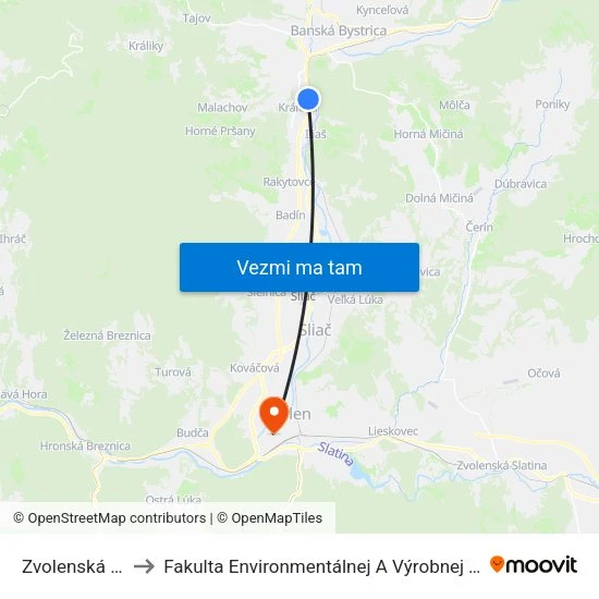 Zvolenská - Sever to Fakulta Environmentálnej A Výrobnej Technicky Tuzvo map
