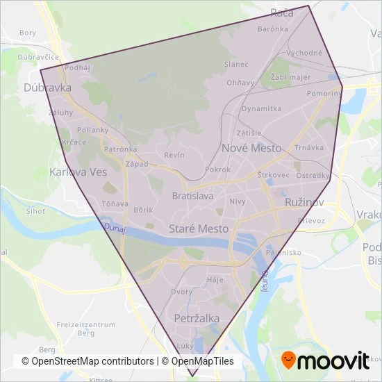 Mapa oblasti pokrytia Dopravný podnik Bratislava