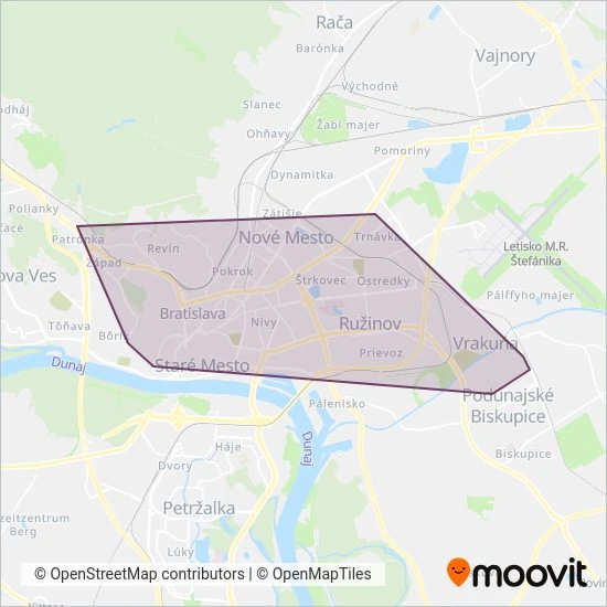 Mapa oblasti pokrytia Dopravný podnik Bratislava
