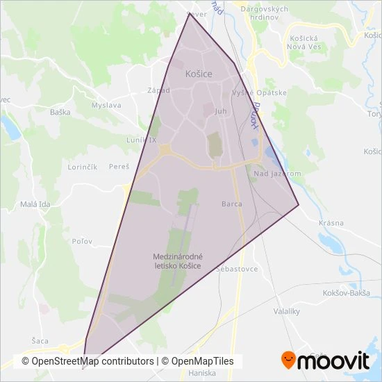 Mapa oblasti pokrytia Dopravný podnik mesta Košice, a.s.