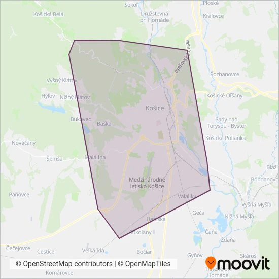 Mapa oblasti pokrytia Dopravný podnik mesta Košice, a.s.