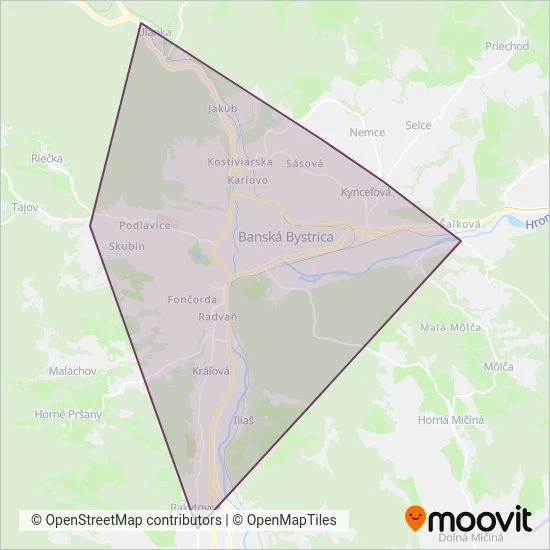 Mapa oblasti pokrytia SAD Zvolen, a.s., prev. Banská Bystrica
