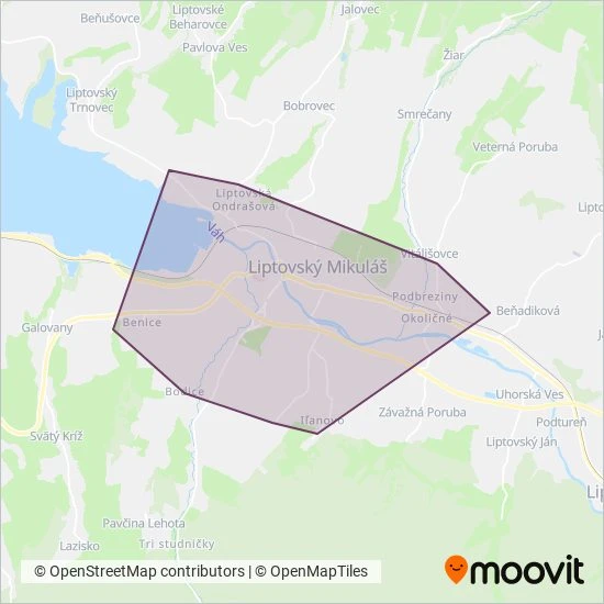Mapa oblasti pokrytia ARRIVA Liorbus, a.s. - prev. Liptovský Mikuláš
